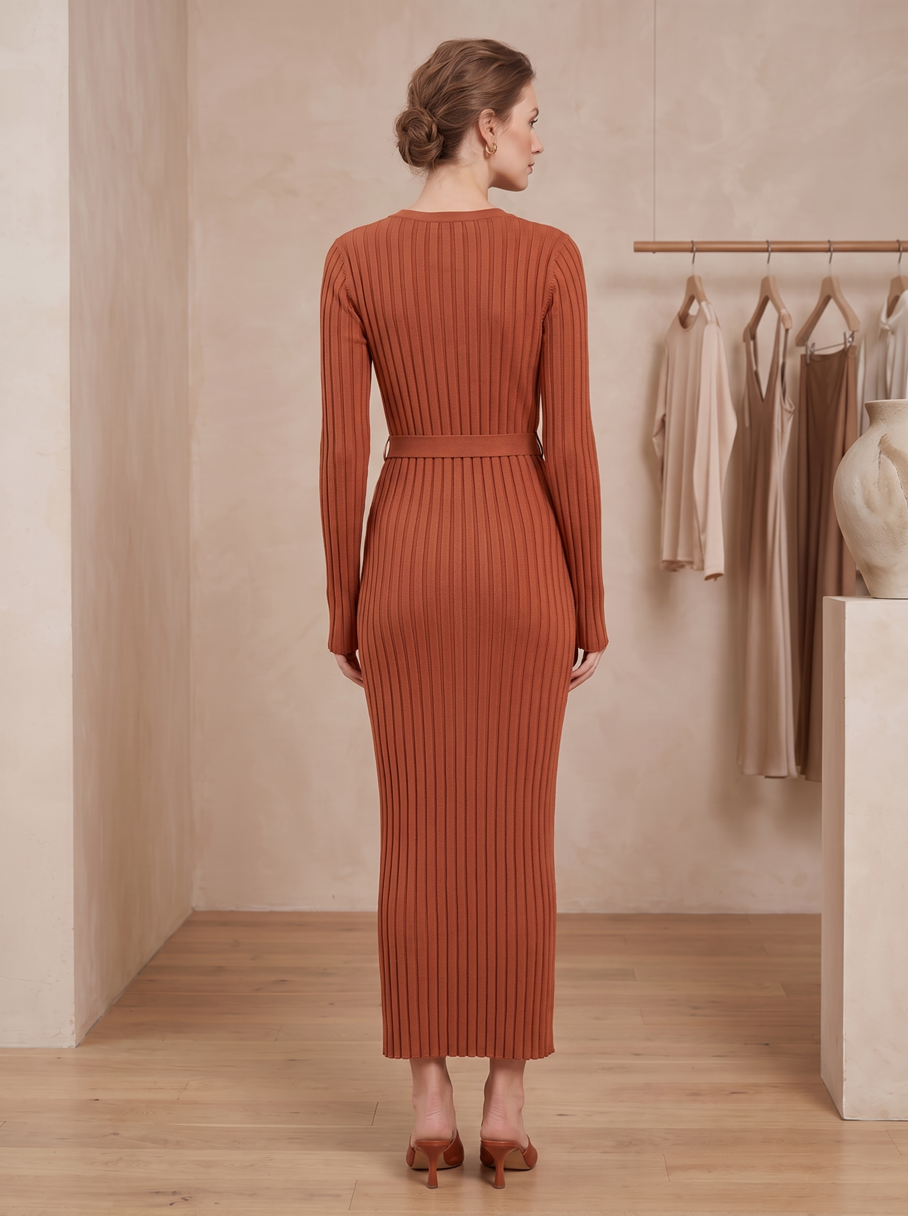 Vestido Maxi Entallado de Punto Canalé con Manga Larga para Mujer