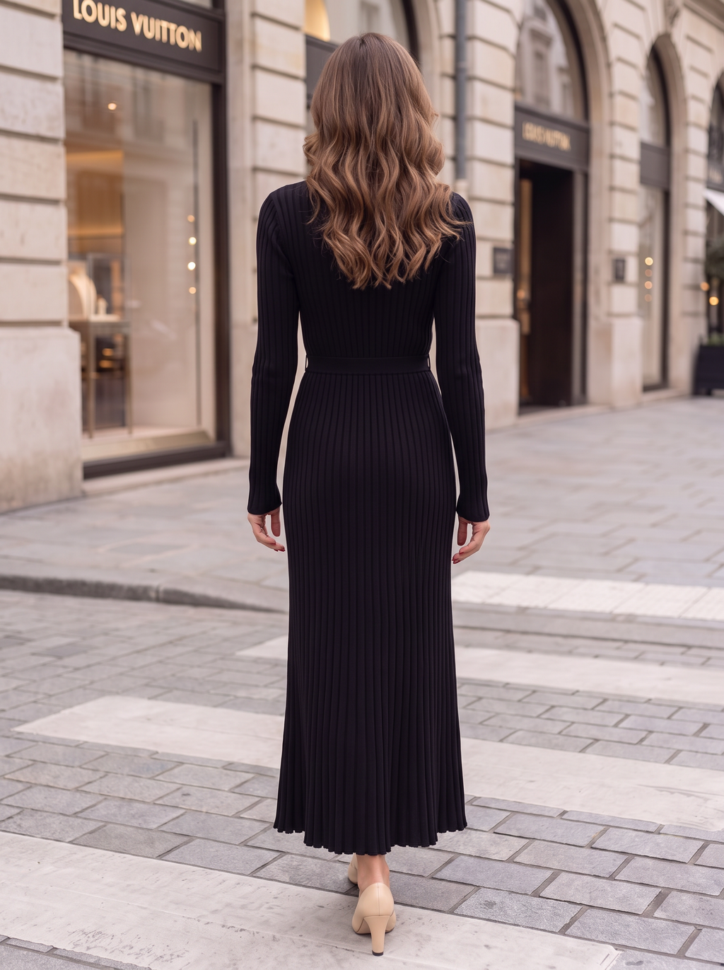 Vestido Maxi Entallado de Punto Canalé con Manga Larga para Mujer