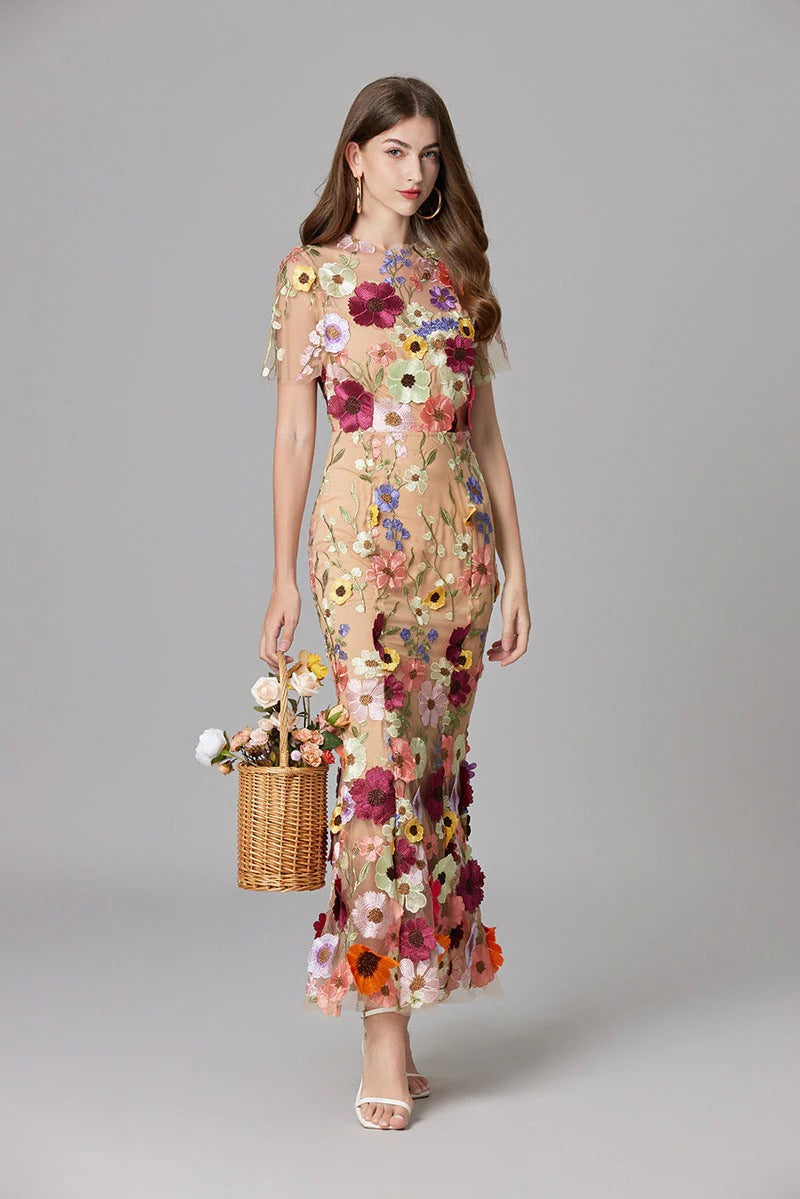 Women's Sleeveless Floral Embroidered A-Line Dress