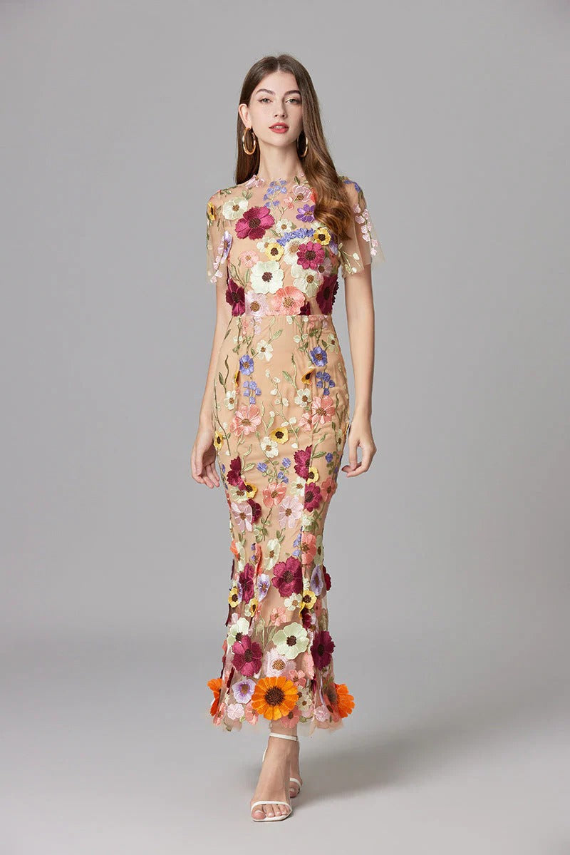 Women's Sleeveless Floral Embroidered A-Line Dress