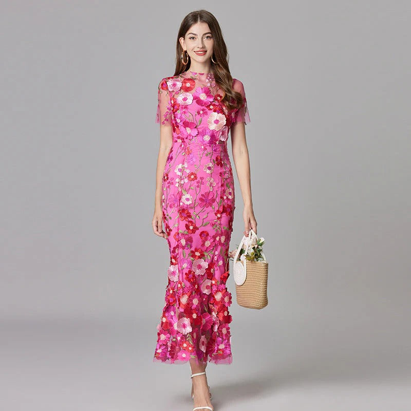 Women's Sleeveless Floral Embroidered A-Line Dress