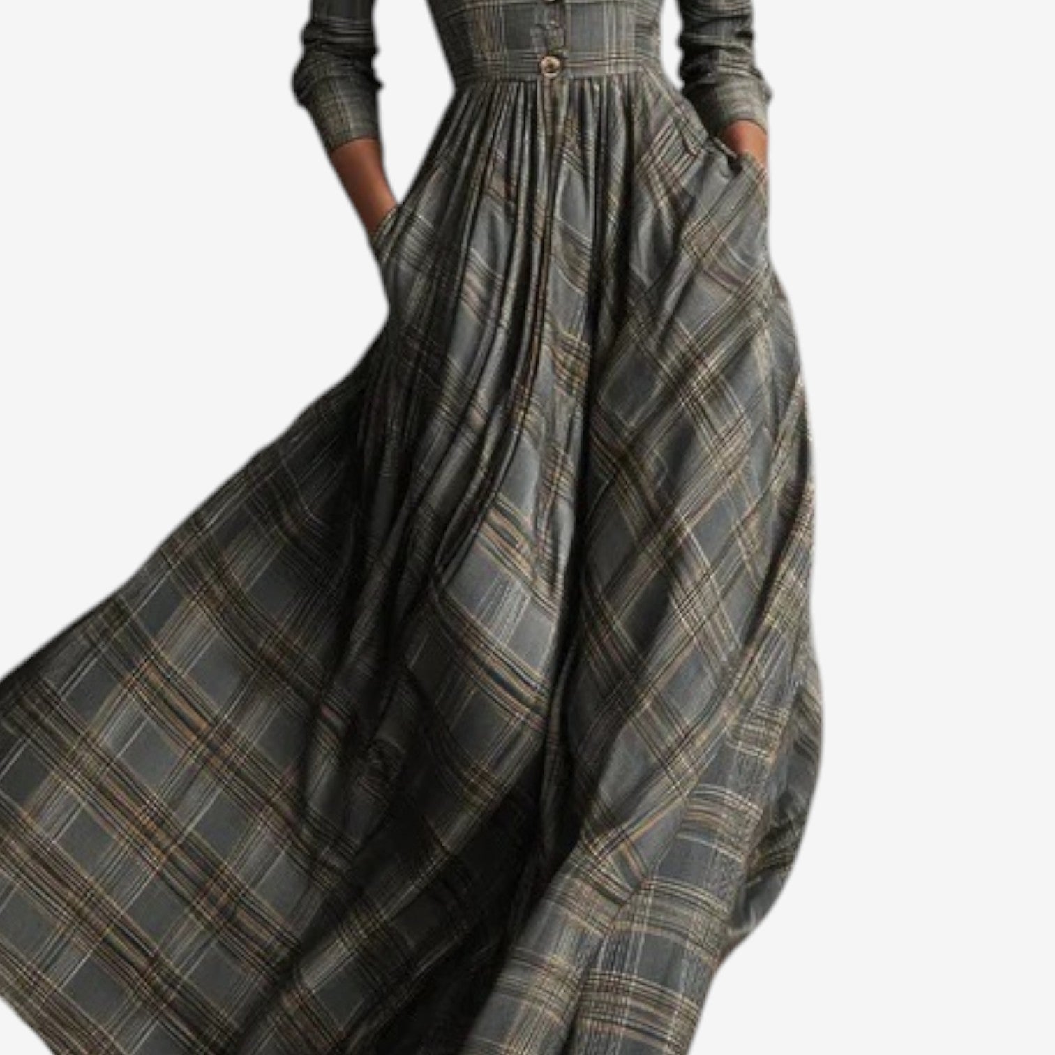 Vestido Largo de Cuadros V-Cuello para Mujer