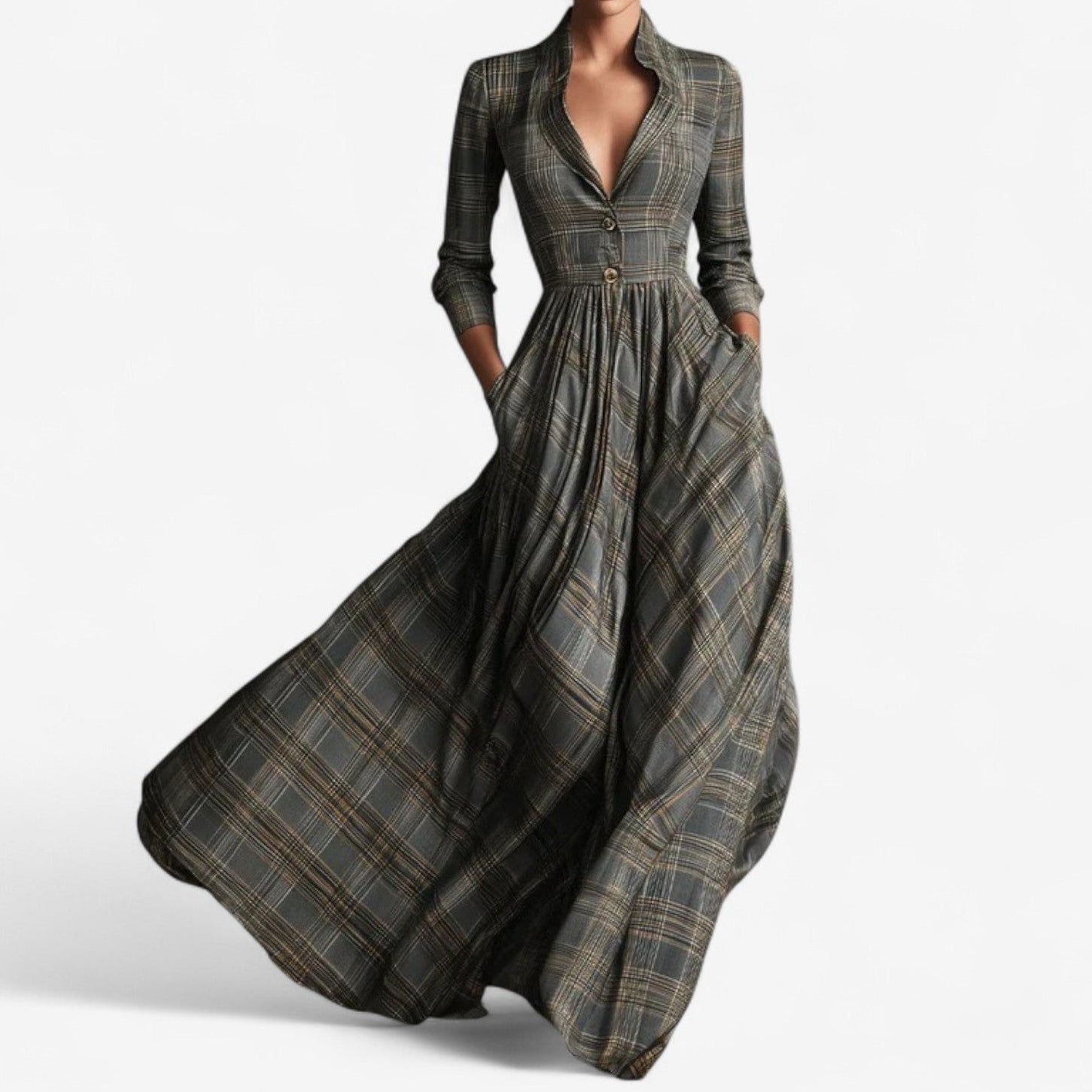 Vestido Largo de Cuadros V-Cuello para Mujer