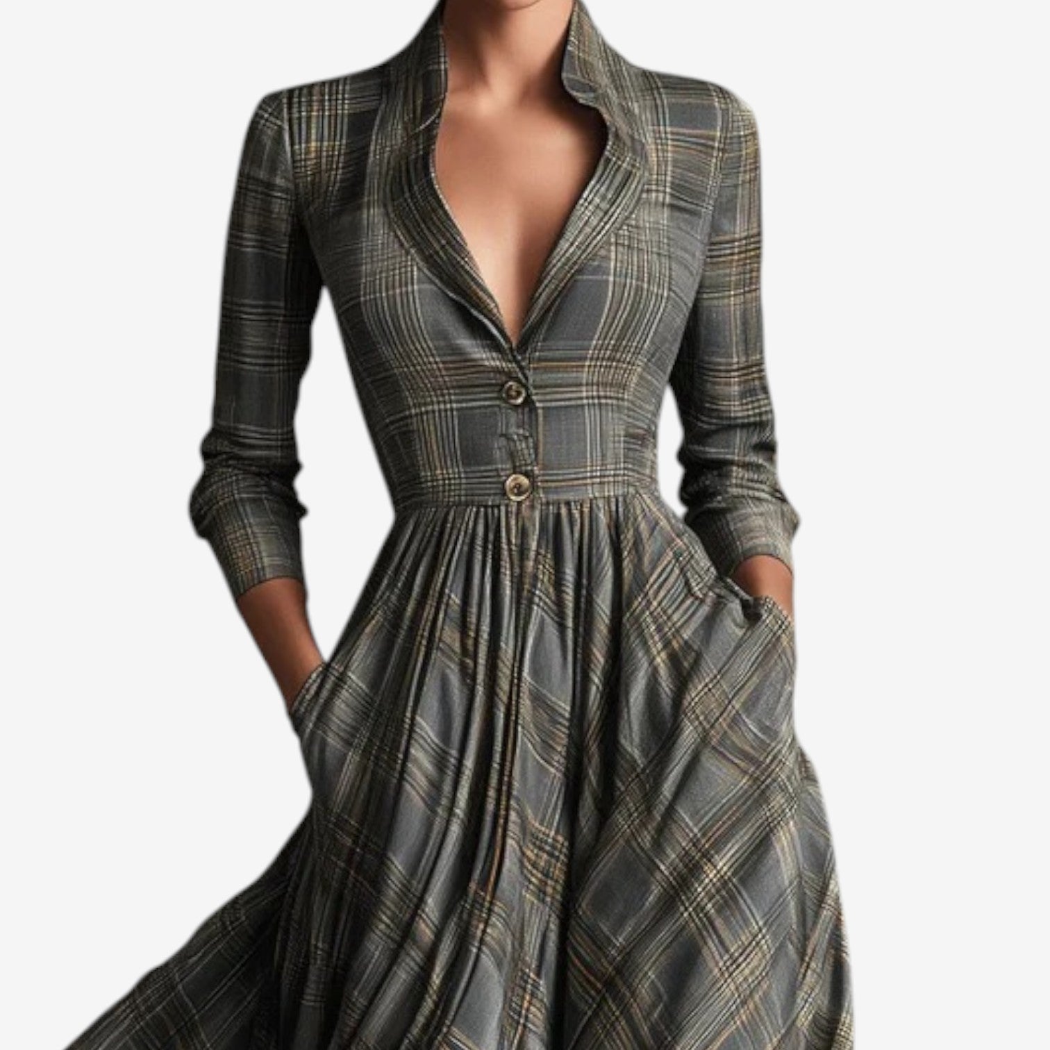 Vestido Largo de Cuadros V-Cuello para Mujer
