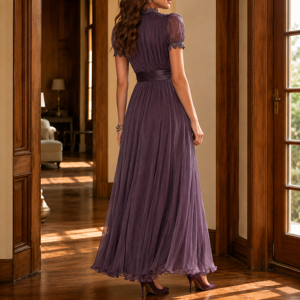 Vestido Largo A Línea con Manga Abullonada y Cuello Alto con Detalle de Encaje para Mujer