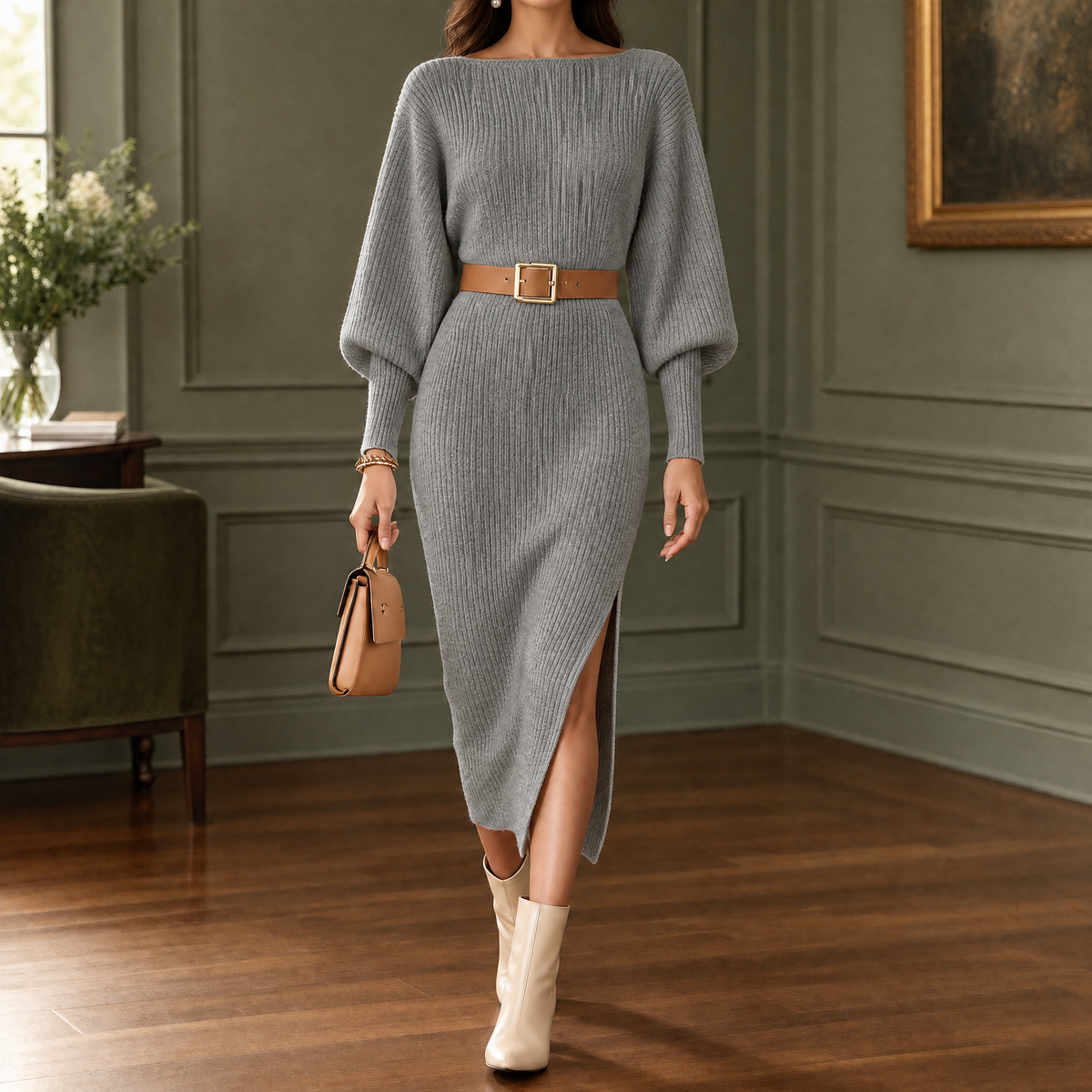 Vestido Midi de Punto Acanalado de Manga Larga con Cinturón y Abertura Lateral para Mujer