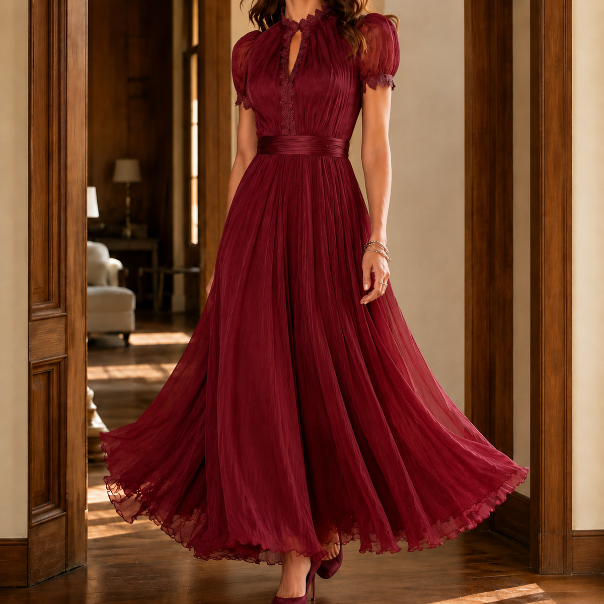 Vestido Largo A Línea con Manga Abullonada y Cuello Alto con Detalle de Encaje para Mujer
