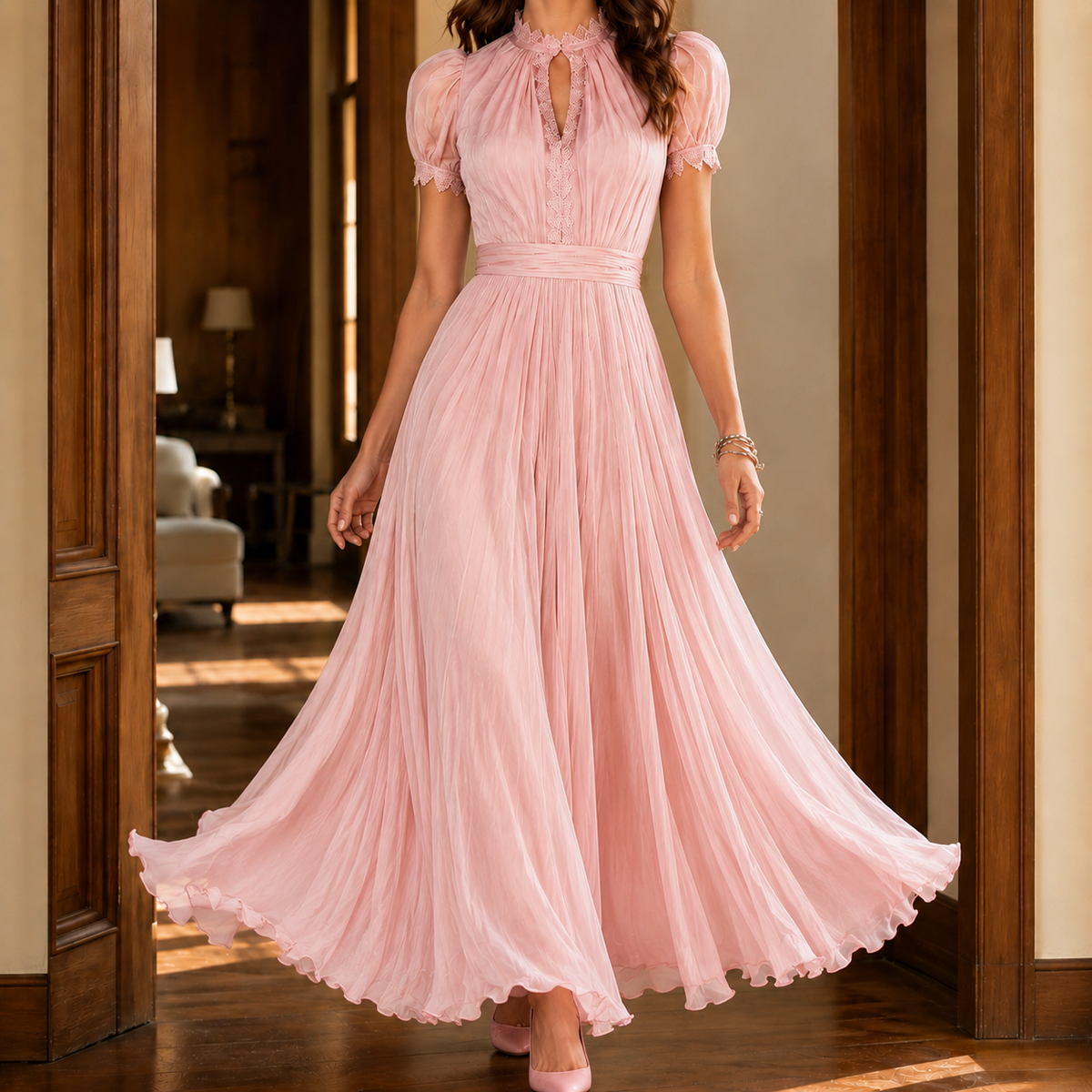 Vestido Largo A Línea con Manga Abullonada y Cuello Alto con Detalle de Encaje para Mujer