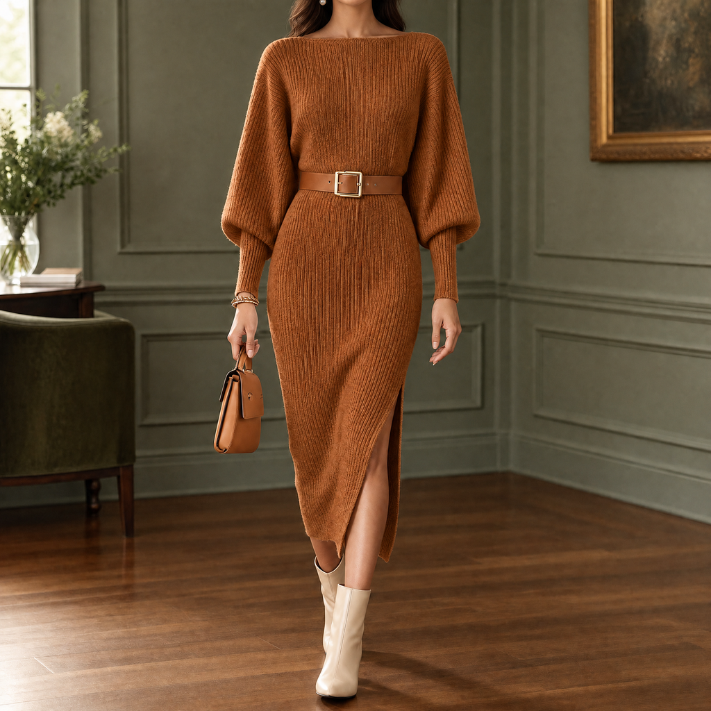 Vestido Midi de Punto Acanalado de Manga Larga con Cinturón y Abertura Lateral para Mujer