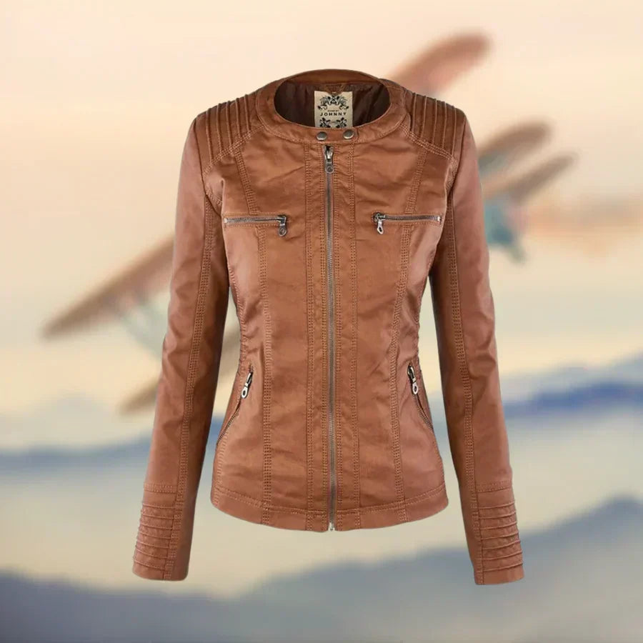 Chaqueta Moto de Cuero Sintético Ajustada con Bolsillos con Cremallera para Mujer