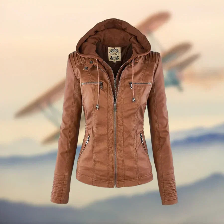 Chaqueta Moto de Cuero Sintético Ajustada con Bolsillos con Cremallera para Mujer