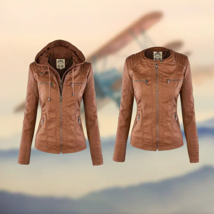 Chaqueta Moto de Cuero Sintético Ajustada con Bolsillos con Cremallera para Mujer