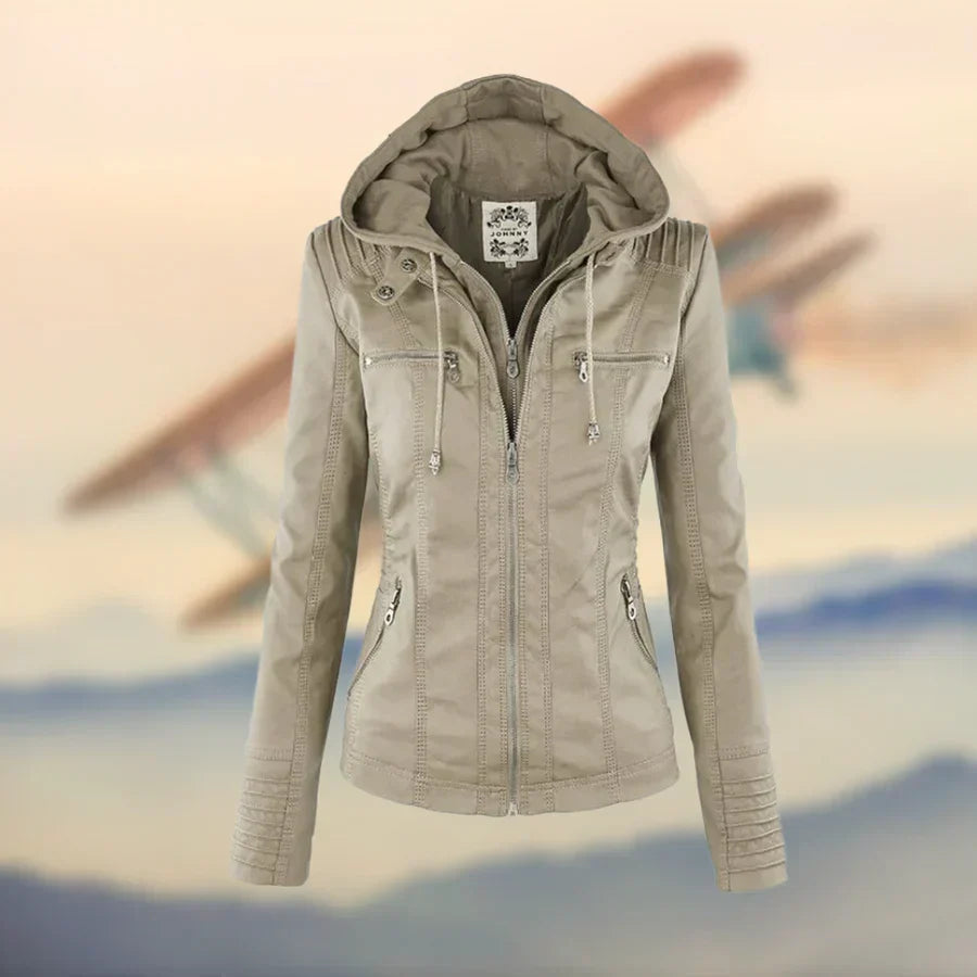 Chaqueta Moto de Cuero Sintético Ajustada con Bolsillos con Cremallera para Mujer