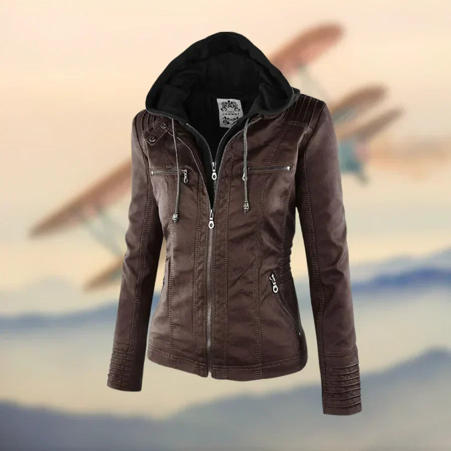 Chaqueta Moto de Cuero Sintético Ajustada con Bolsillos con Cremallera para Mujer