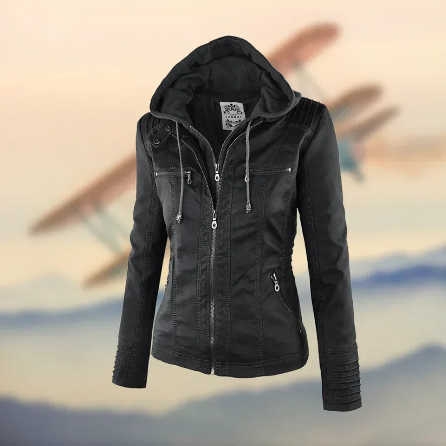 Chaqueta Moto de Cuero Sintético Ajustada con Bolsillos con Cremallera para Mujer