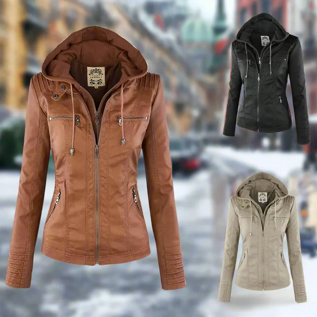 Chaqueta Moto de Cuero Sintético Ajustada con Bolsillos con Cremallera para Mujer