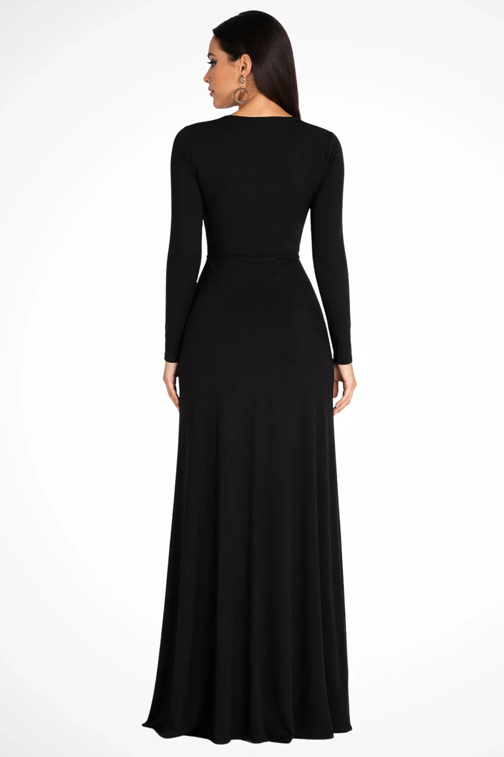 Vestido Largo de Manga Larga con Escote en V Profundo y Abertura Lateral para Mujer