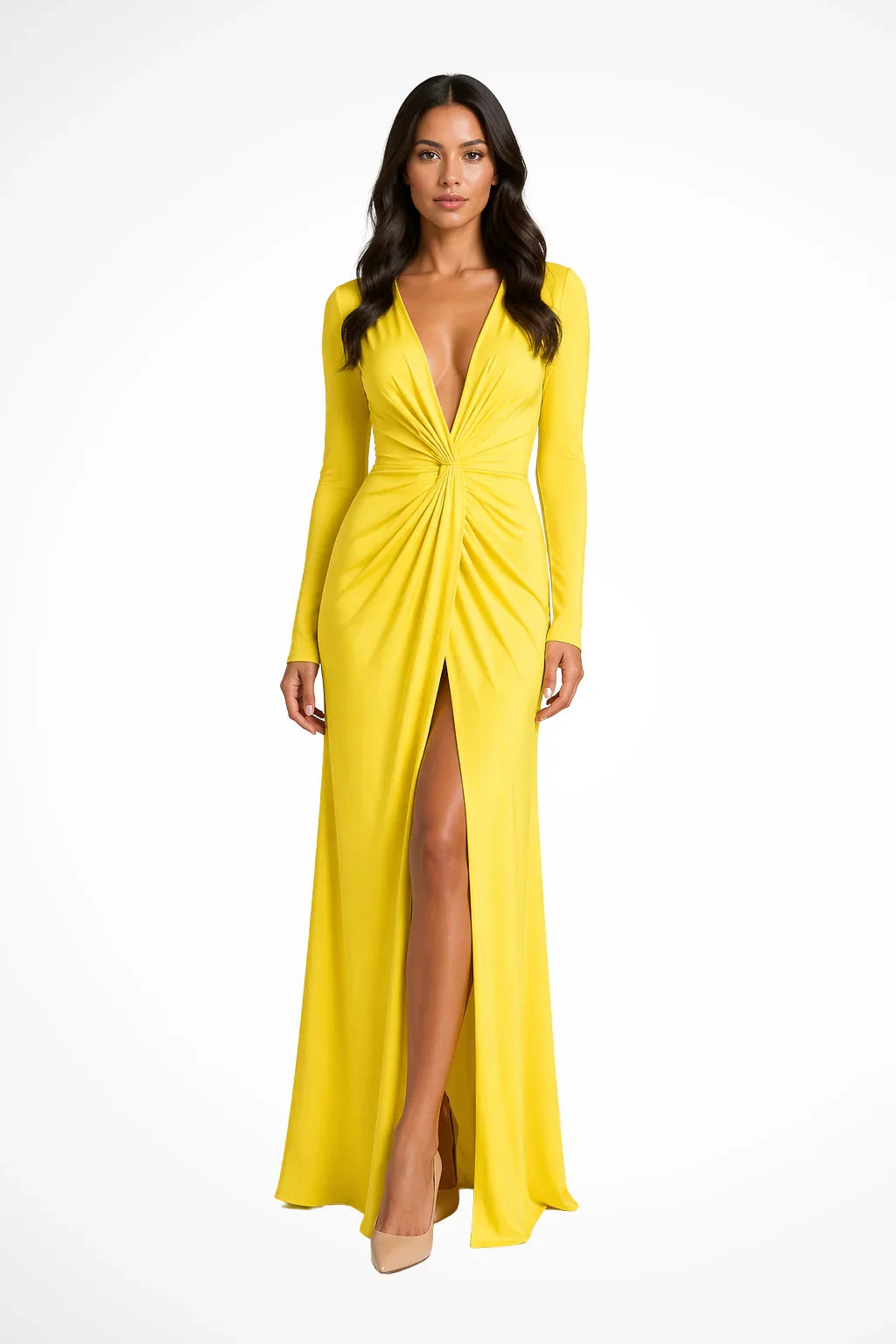 Vestido Largo de Manga Larga con Escote en V Profundo y Abertura Lateral para Mujer