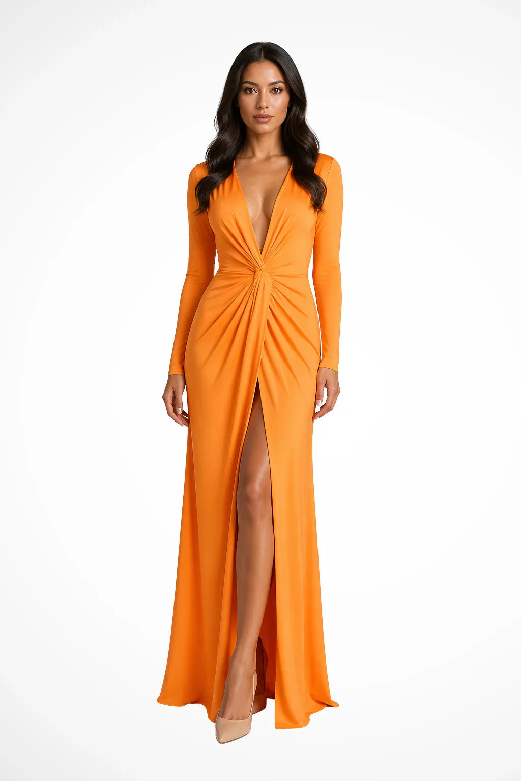 Vestido Largo de Manga Larga con Escote en V Profundo y Abertura Lateral para Mujer