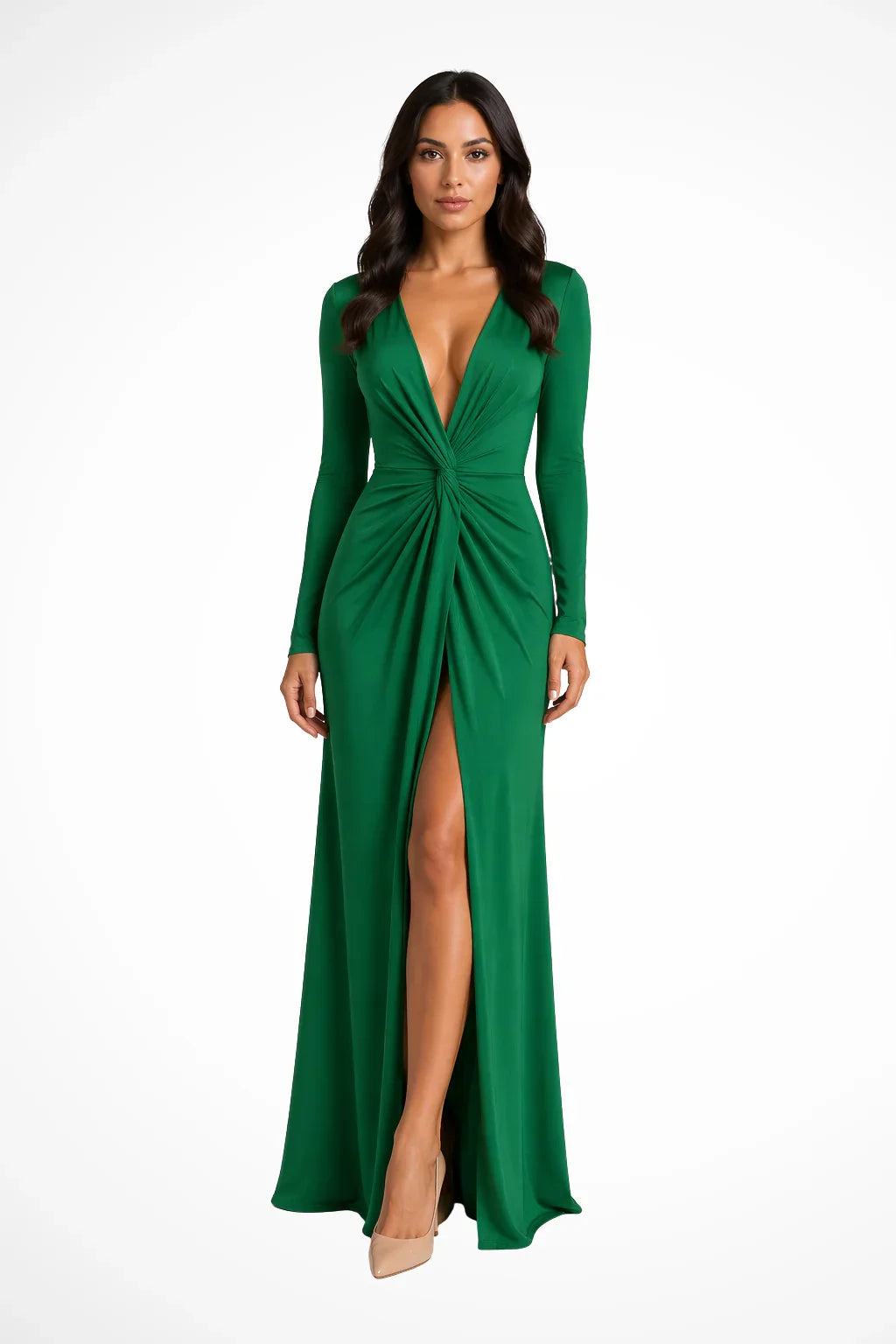 Vestido Largo de Manga Larga con Escote en V Profundo y Abertura Lateral para Mujer