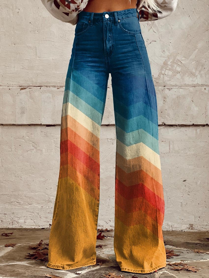 Pantalón Ancho de Tiro Alto con Estampado Retro para Mujer