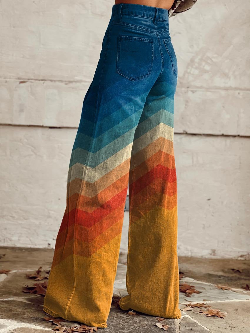 Pantalón Ancho de Tiro Alto con Estampado Retro para Mujer
