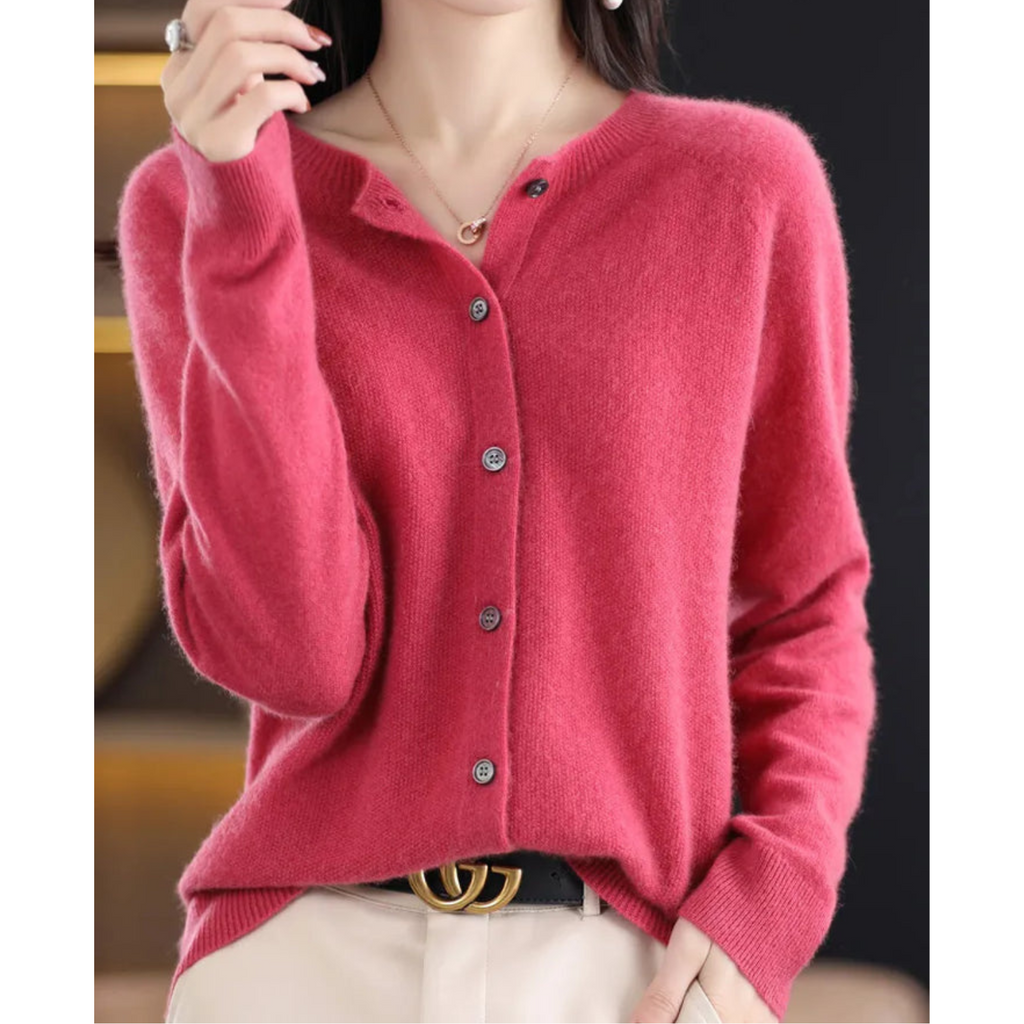 Wool Knit Cardigan with Crew Neck and Long Sleeves for Women