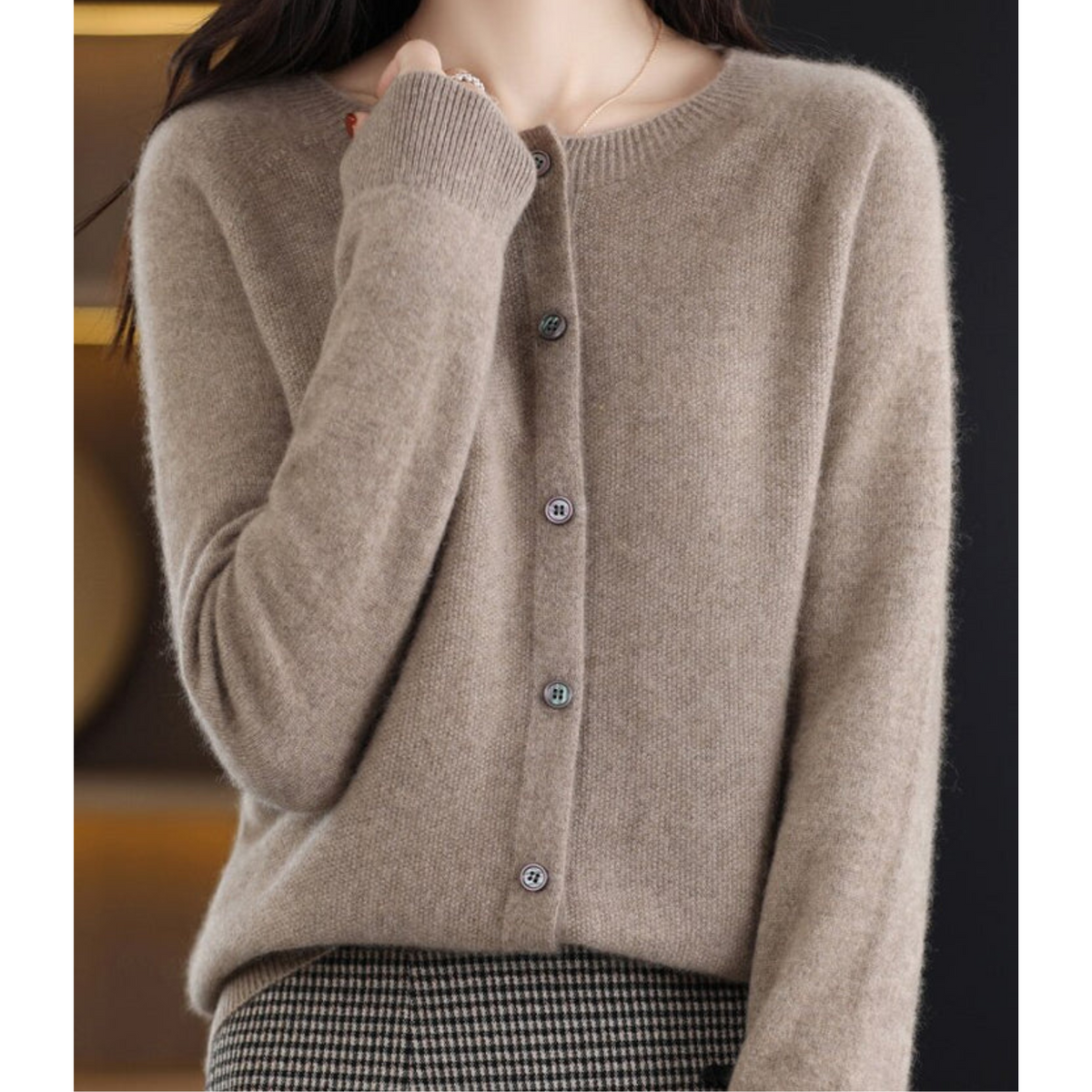 Wool Knit Cardigan with Crew Neck and Long Sleeves for Women