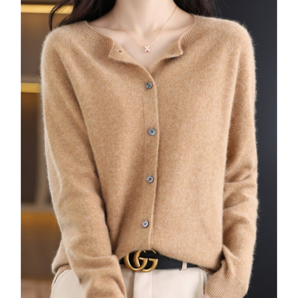 Wool Knit Cardigan with Crew Neck and Long Sleeves for Women