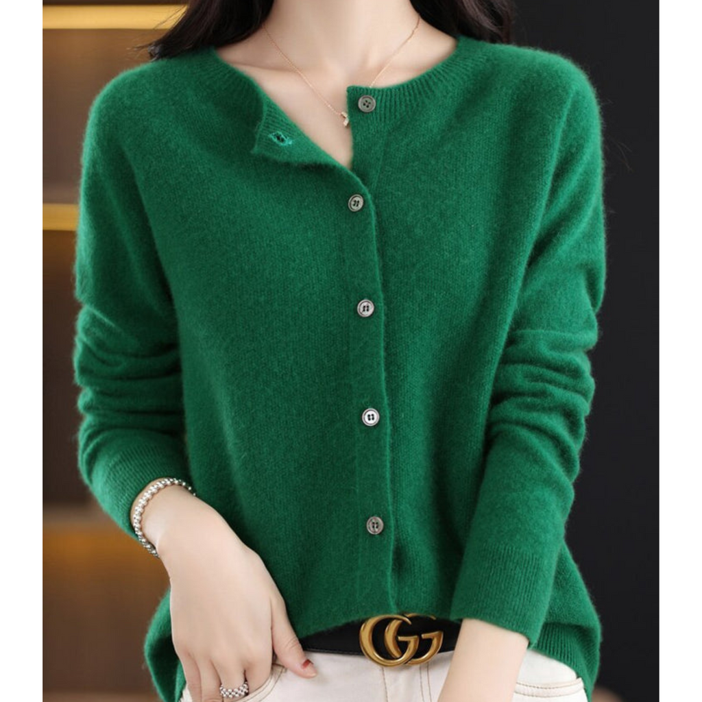 Wool Knit Cardigan with Crew Neck and Long Sleeves for Women