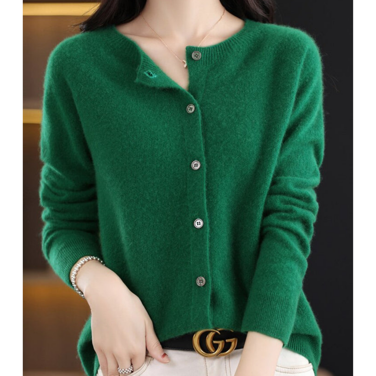 Wool Knit Cardigan with Crew Neck and Long Sleeves for Women