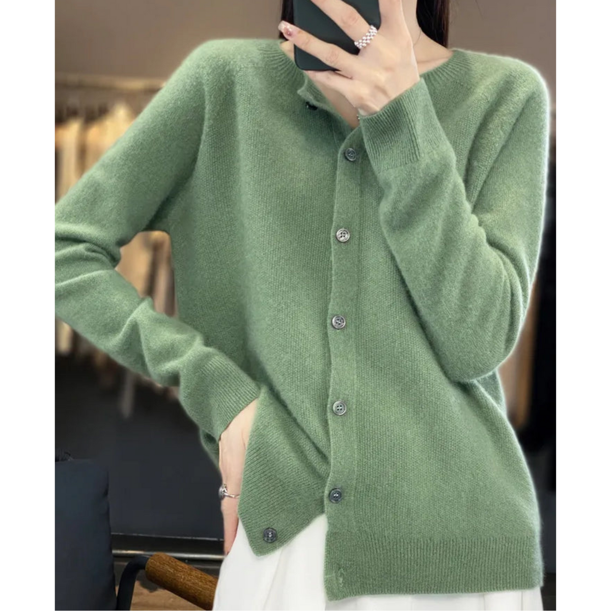 Wool Knit Cardigan with Crew Neck and Long Sleeves for Women