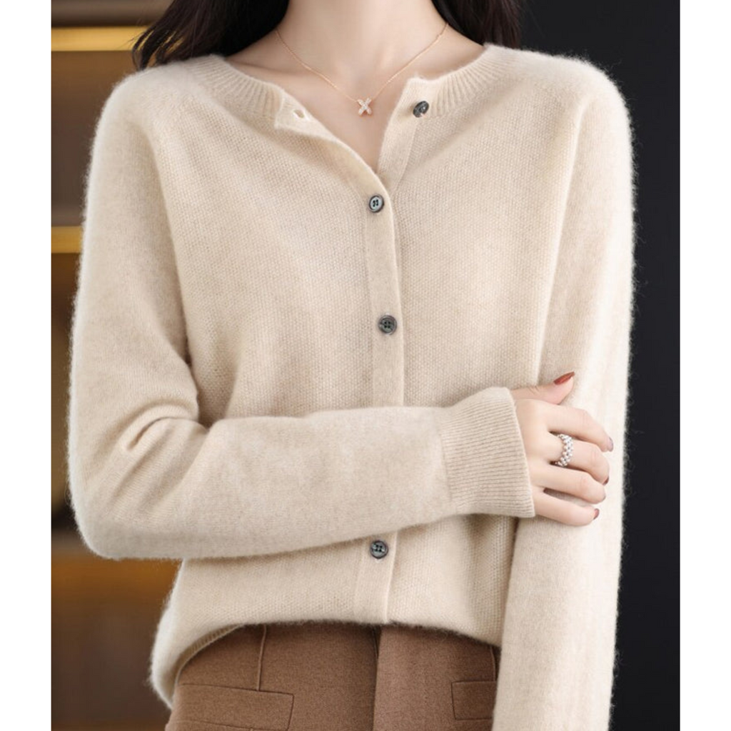 Wool Knit Cardigan with Crew Neck and Long Sleeves for Women