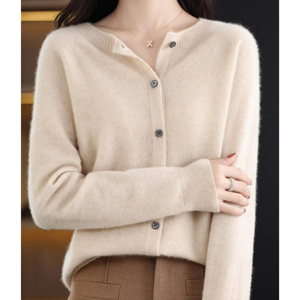 Wool Knit Cardigan with Crew Neck and Long Sleeves for Women
