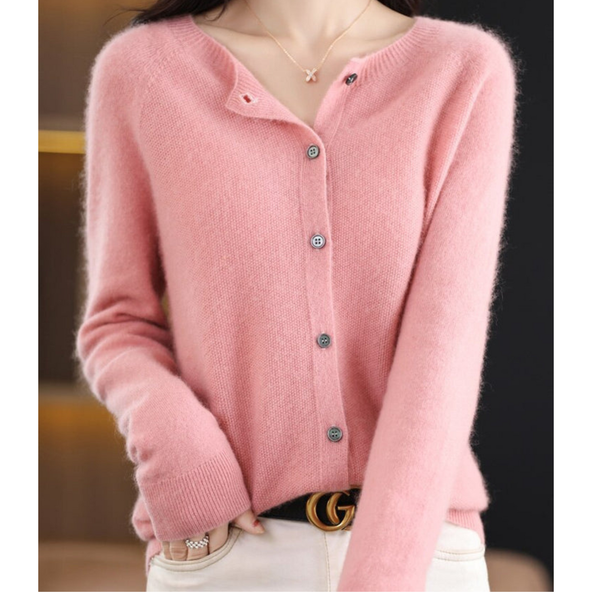 Wool Knit Cardigan with Crew Neck and Long Sleeves for Women