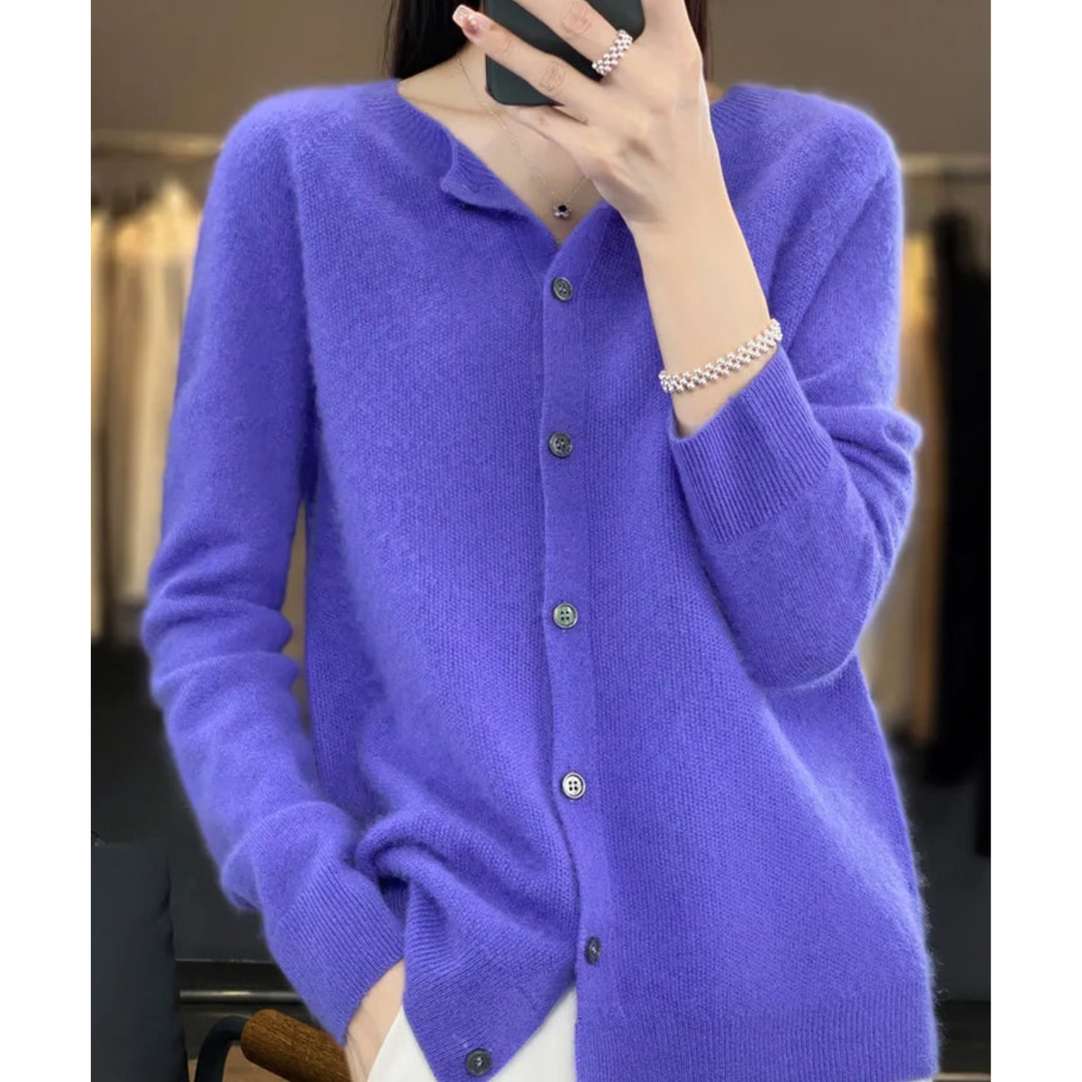 Wool Knit Cardigan with Crew Neck and Long Sleeves for Women