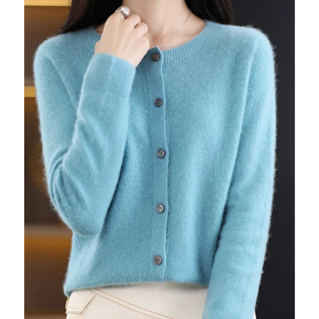 Wool Knit Cardigan with Crew Neck and Long Sleeves for Women