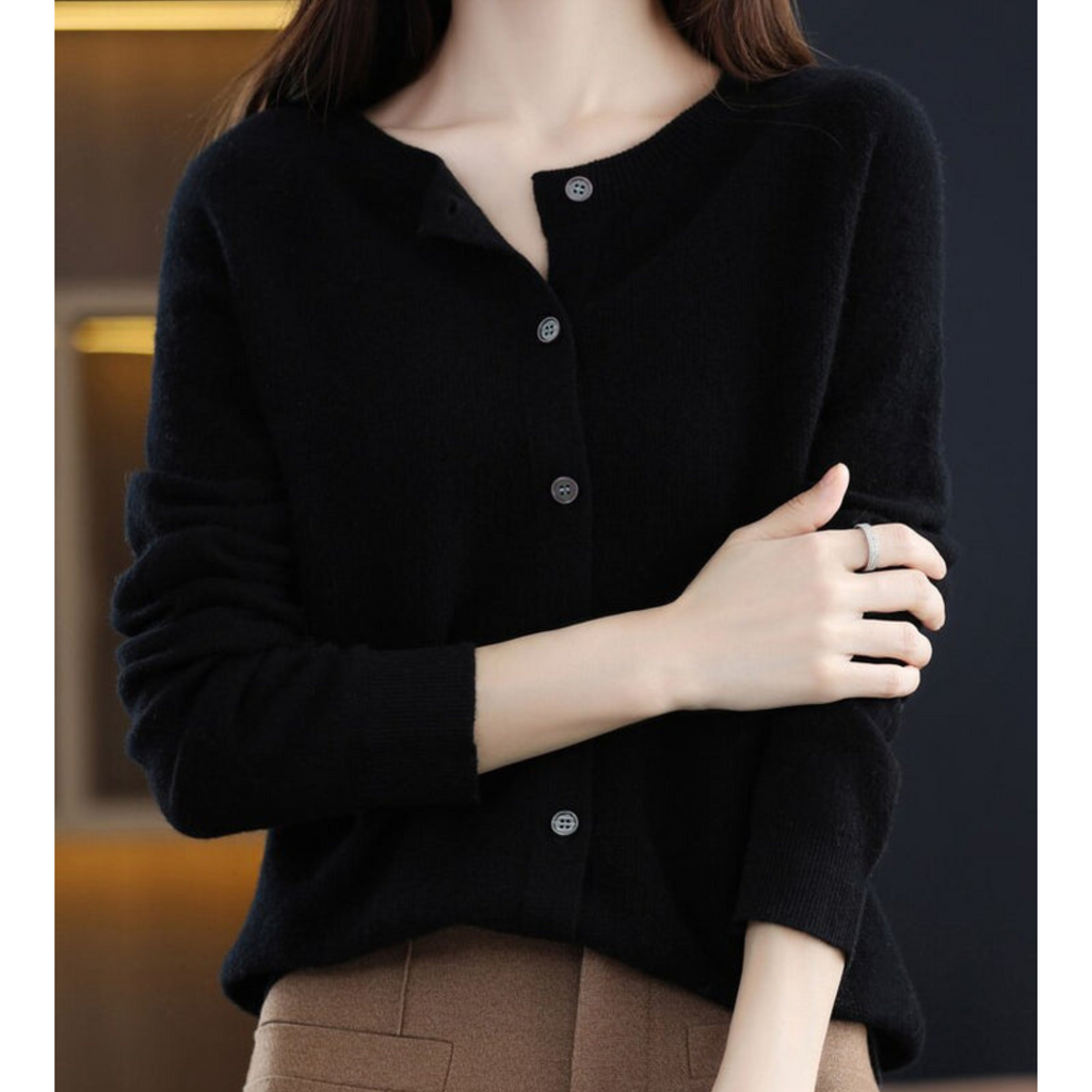 Wool Knit Cardigan with Crew Neck and Long Sleeves for Women