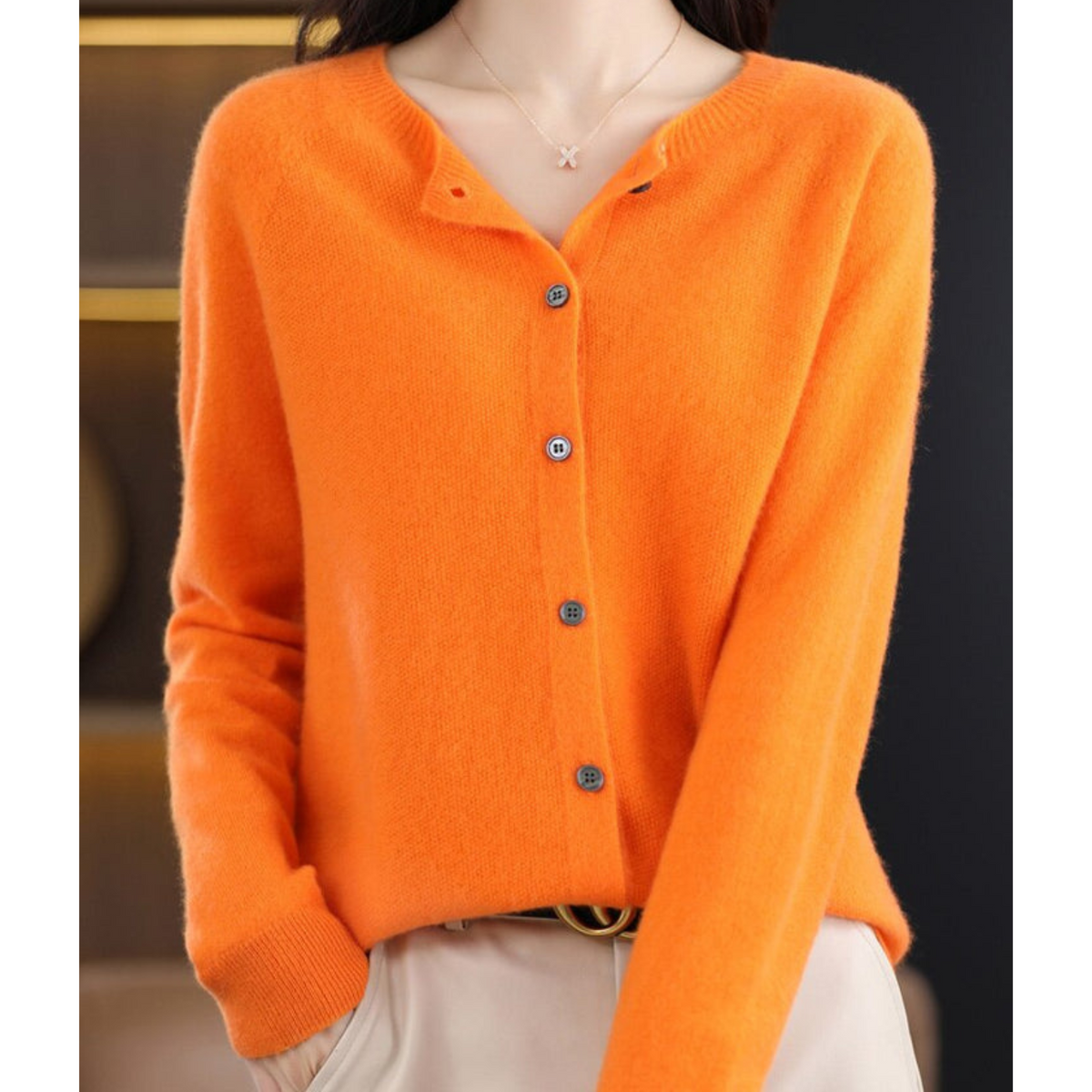 Wool Knit Cardigan with Crew Neck and Long Sleeves for Women