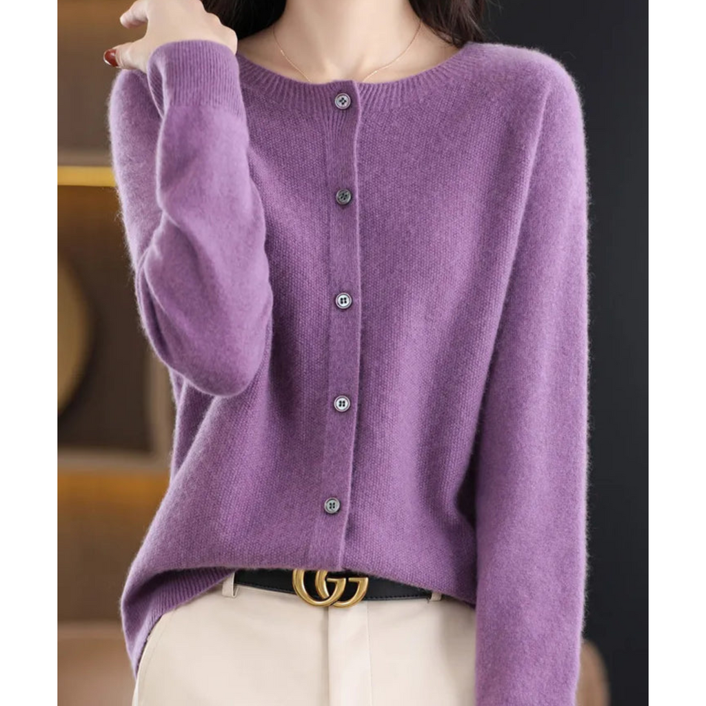 Wool Knit Cardigan with Crew Neck and Long Sleeves for Women