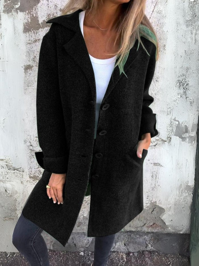 Buttoned Coat with Lapel Collar for Women