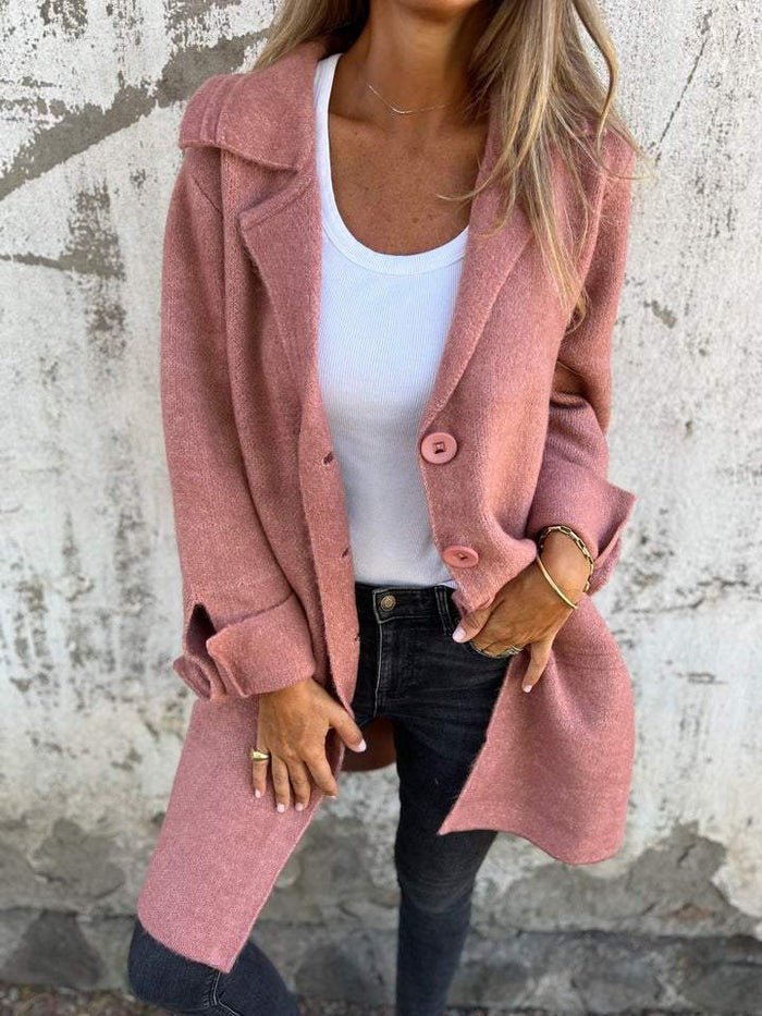 Buttoned Coat with Lapel Collar for Women