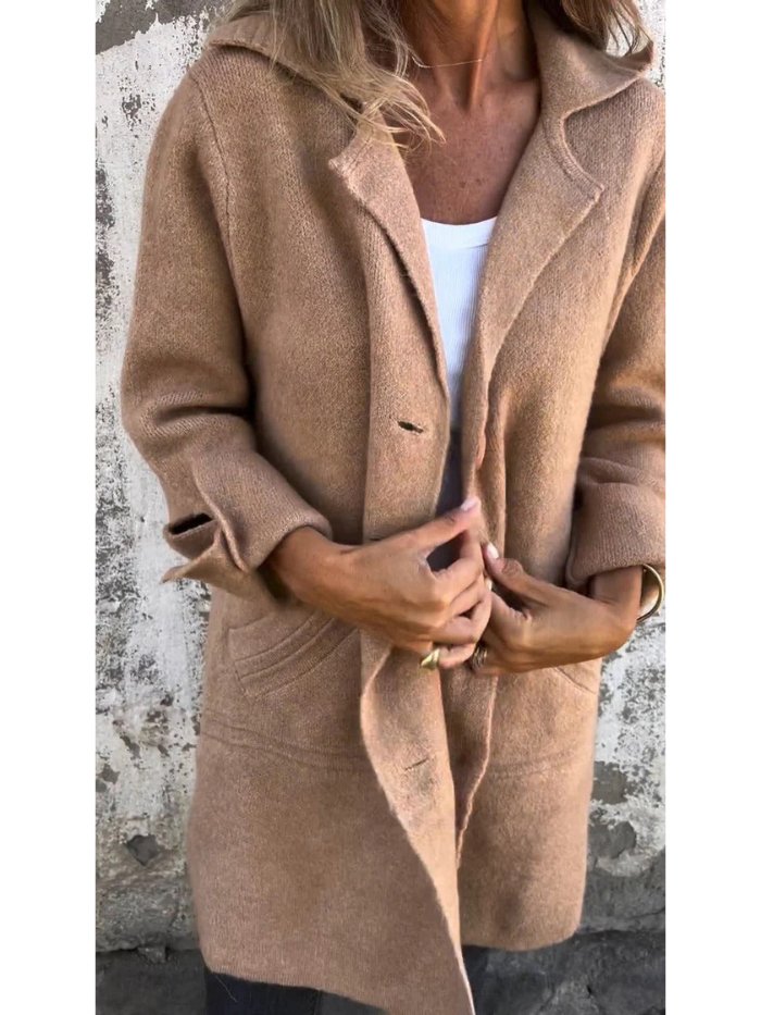 Buttoned Coat with Lapel Collar for Women
