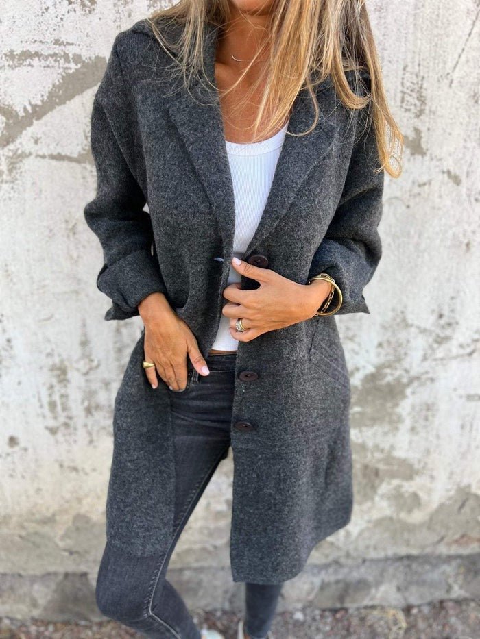 Buttoned Coat with Lapel Collar for Women