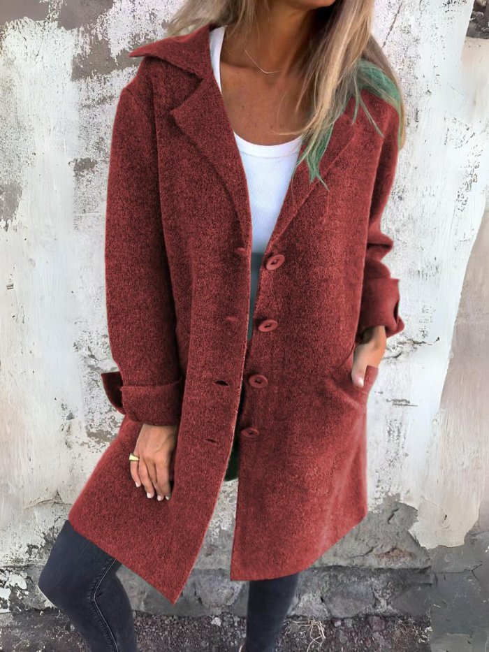 Buttoned Coat with Lapel Collar for Women