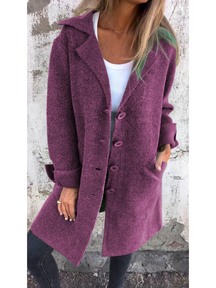 Buttoned Coat with Lapel Collar for Women