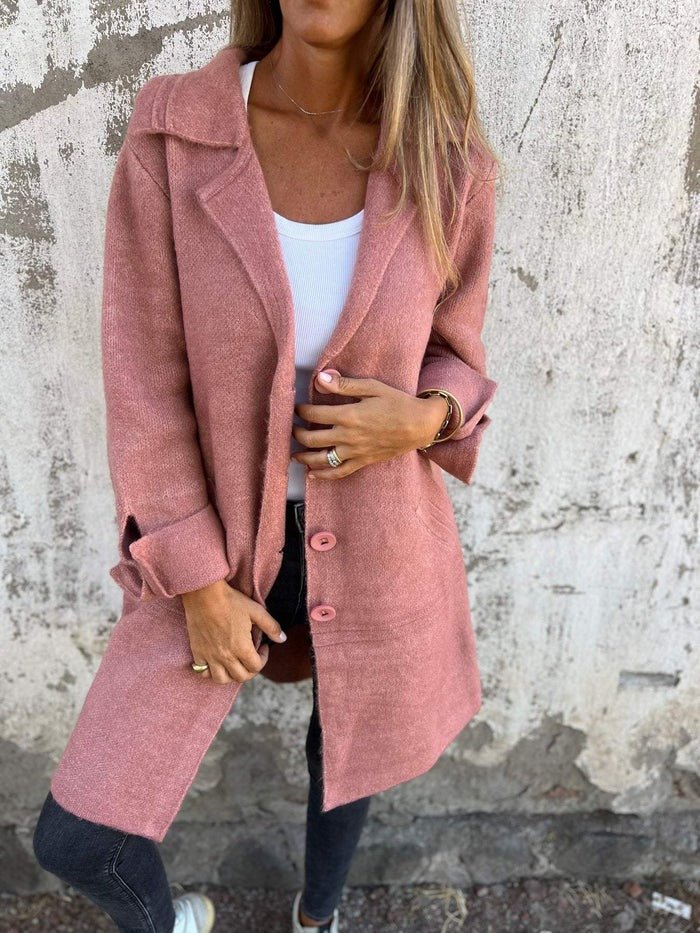 Buttoned Coat with Lapel Collar for Women