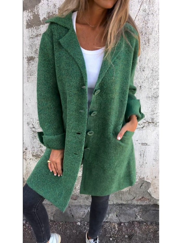 Buttoned Coat with Lapel Collar for Women