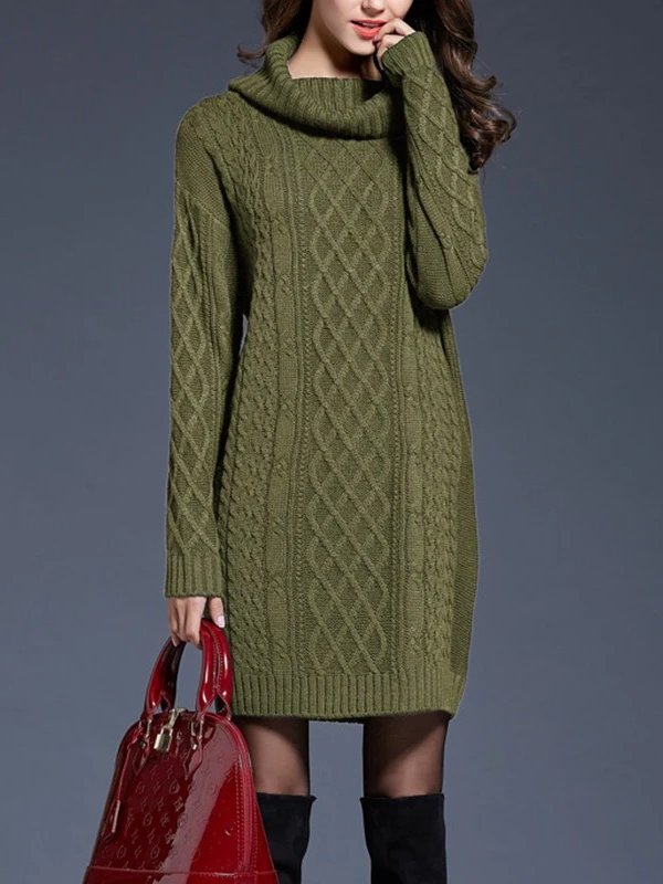 Vestido Suéter de Cuello Alto en Punto Trenzado Grueso para Mujer