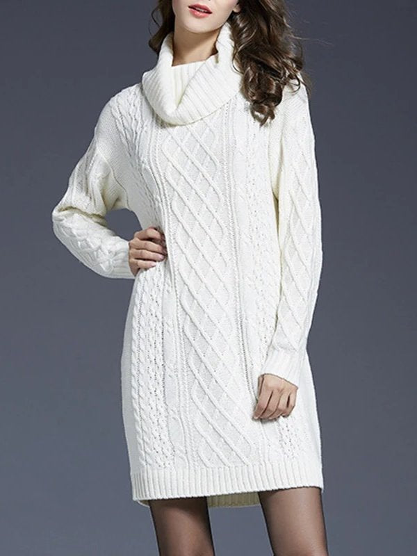 Vestido Suéter de Cuello Alto en Punto Trenzado Grueso para Mujer